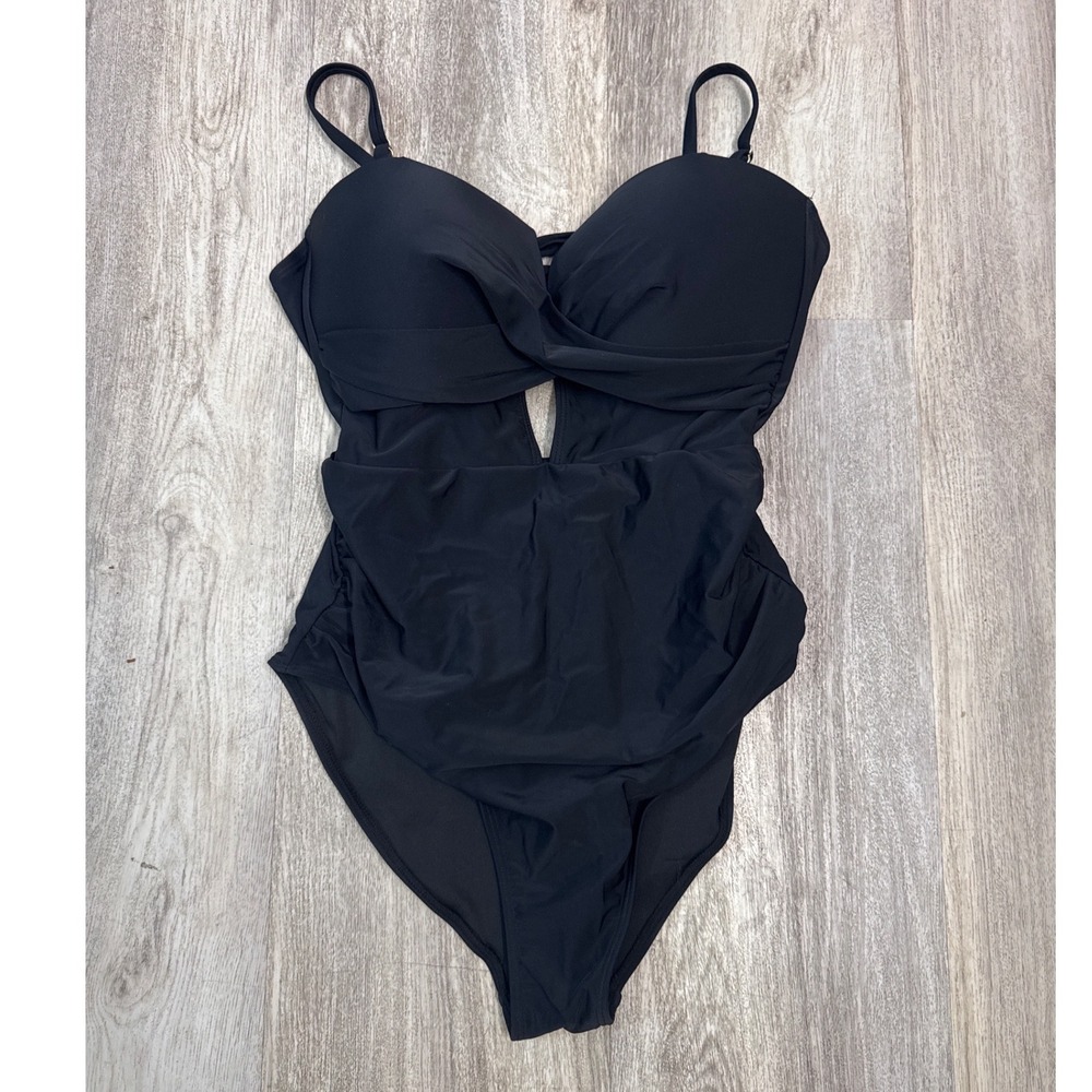 Popvil Womens Black Twist Front Ruched One Piece Swimsuit Size Large New